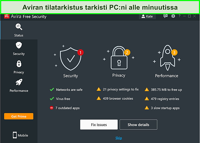 Kuvakaappaus Aviran Windows -sovelluksesta, jossa näkyy tilan tarkistuksen tulokset.