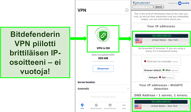 Kuvakaappaus, joka näyttää Bitdefenderin iOS VPN -ominaisuuden ja IP -vuototestin tulokset, jotka eivät osoita vuotoja.