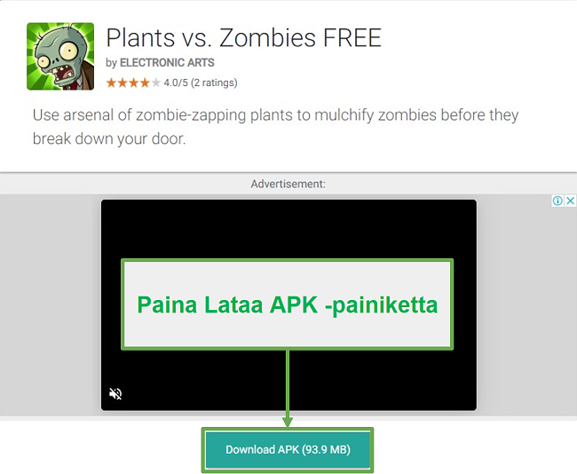 Näyttökuva Plants vs Zombies -latauspainikkeesta