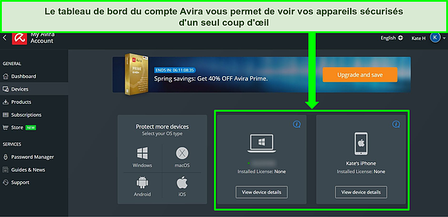 Capture d'écran du tableau de bord du compte Avira montrant les appareils avec le forfait gratuit installé.