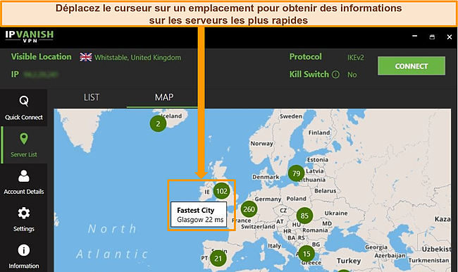 Capture d'écran de l'application IPVanish avec les serveurs britanniques mis en évidence sur l'interface de la carte