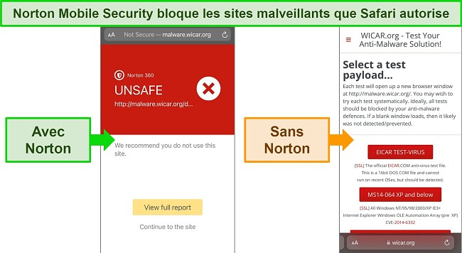 Norton Web Protection bloque les sites malveillants sur iOS, Safari autorise l'accès.