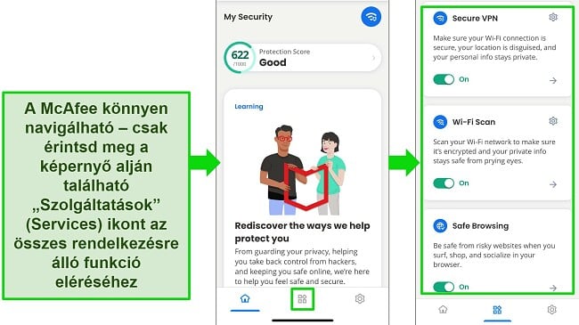Az iOS rendszeren futó McAfee alkalmazás, amely könnyen kezelhető és áttekinthető