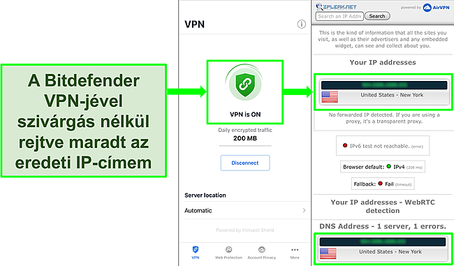 Képernyőkép, amely a Bitdefender iOS VPN szolgáltatását és az IP szivárgás teszt eredményeit mutatja, amelyek nem mutatnak szivárgást.