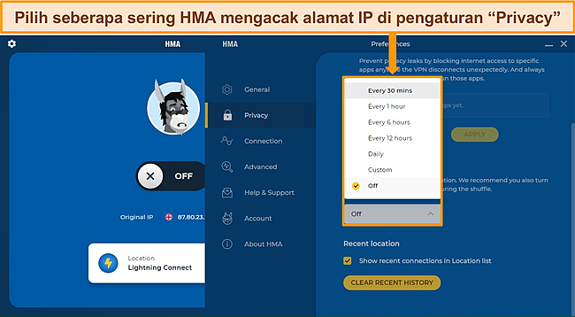 Tangkapan layar pengaturan IP Shuffle aplikasi HMA Windows