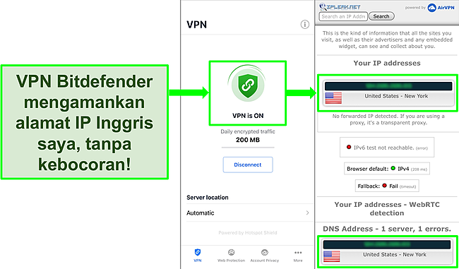 Tangkapan layar yang menunjukkan fitur VPN iOS Bitdefender dan hasil uji kebocoran IP yang menunjukkan tidak ada kebocoran.