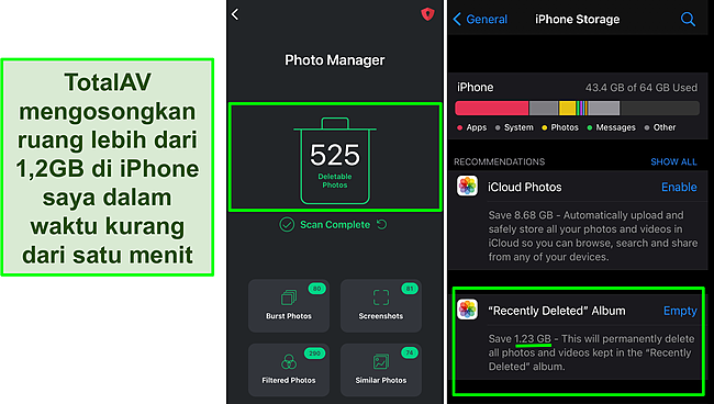 Tangkapan layar Pengelola Foto TotalAV dan penyimpanan iPhone menunjukkan lebih dari 1,2 GB ruang kosong.