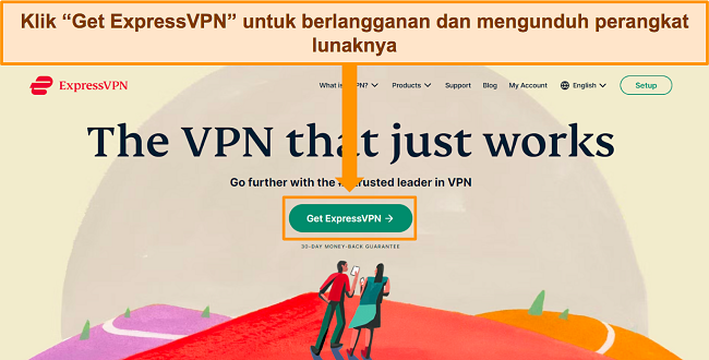 Cuplikan layar beranda situs web ExpressVPN dengan tombol 