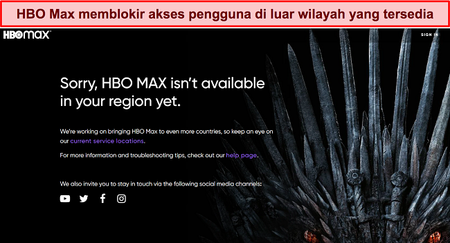 Cuplikan layar situs web HBO Max yang menunjukkan layanan diblokir di luar wilayah yang tersedia