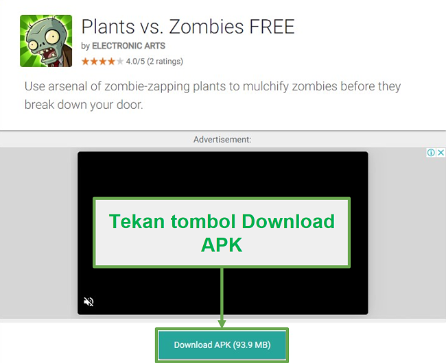 Tangkapan layar tombol unduh Plants vs Zombies