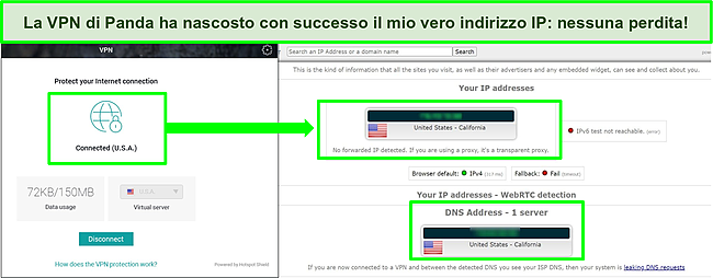 Screenshot della VPN di Panda connessa a un server statunitense con i risultati di un test di tenuta IP che non mostra perdite.