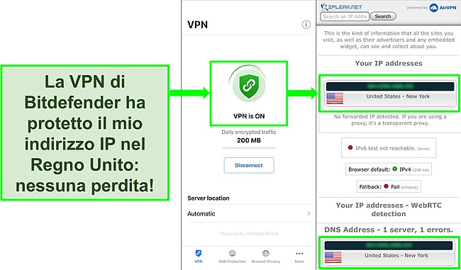 Screenshot che mostra la funzione VPN iOS di Bitdefender e i risultati di un test di tenuta IP che non mostra perdite.