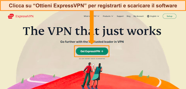 Screenshot della home page del sito web di ExpressVPN con il pulsante 