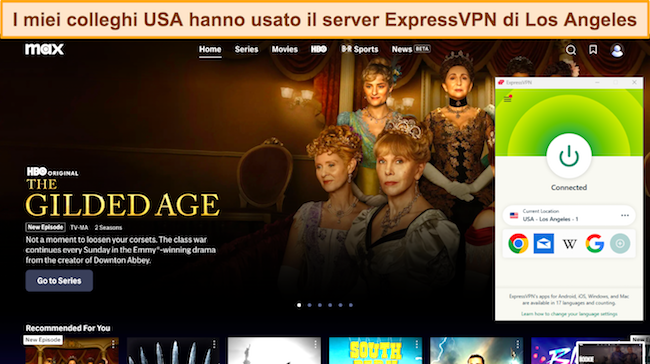 Screenshot della home page di Max negli Stati Uniti mentre ExpressVPN è connesso a un server a Los Angeles