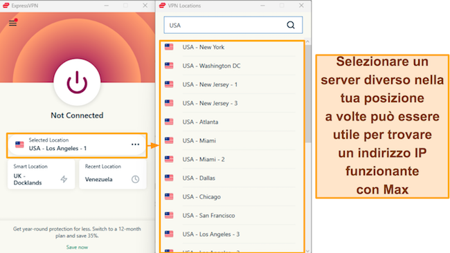Screenshot delle opzioni server di ExpressVPN negli Stati Uniti