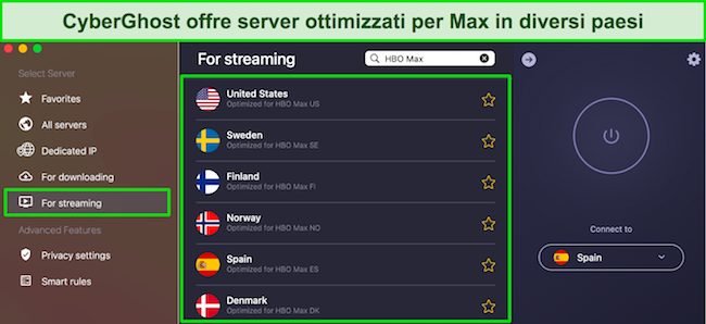 Screenshot dei server ottimizzati per lo streaming di CyberGhost per Max