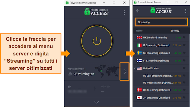 Screenshot dei server di streaming di PIA