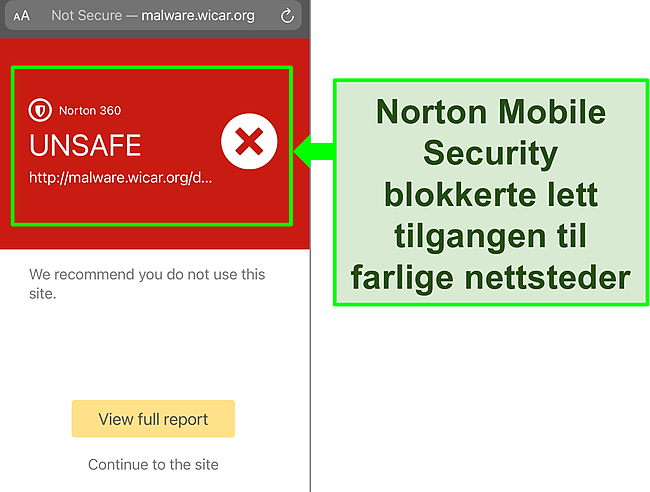 Skjermbilde av Nortons Mobile Security iOS -app som jobber for å blokkere tilgang til et ondsinnet testnettsted.