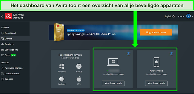 Schermafbeelding van het accountdashboard van Avira met apparaten waarop het gratis abonnement is geïnstalleerd.