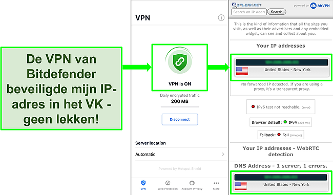 Schermafbeelding met de iOS VPN-functie van Bitdefender en de resultaten van een IP-lektest die geen lekken aantoont.