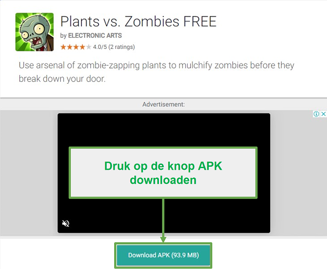 Screenshot van de downloadknop voor Plants vs Zombies