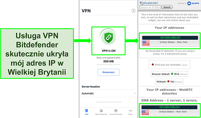 Zrzut ekranu przedstawiający funkcję Bitdefender iOS VPN oraz wyniki testu szczelności IP, które nie wykazują żadnych wycieków.