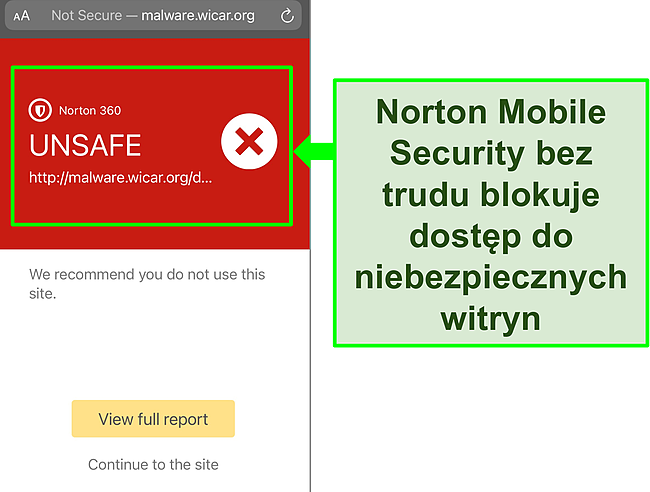 Zrzut ekranu aplikacji Norton Mobile Security na iOS, która blokuje dostęp do złośliwej witryny testowej.