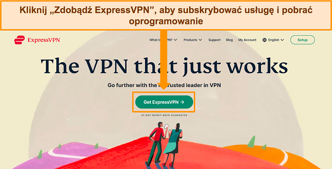 Zrzut ekranu strony głównej witryny ExpressVPN z podświetlonym przyciskiem „Pobierz ExpressVPN”