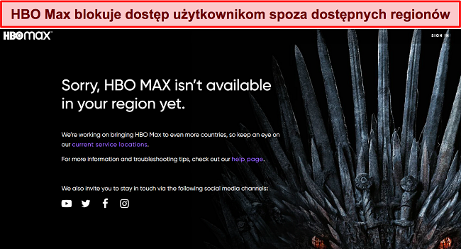 Zrzut ekranu strony HBO Max pokazujący, że usługa jest zablokowana poza dostępnymi regionami