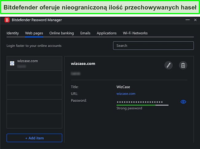 Zrzut ekranu menedżera haseł Bitdefender.