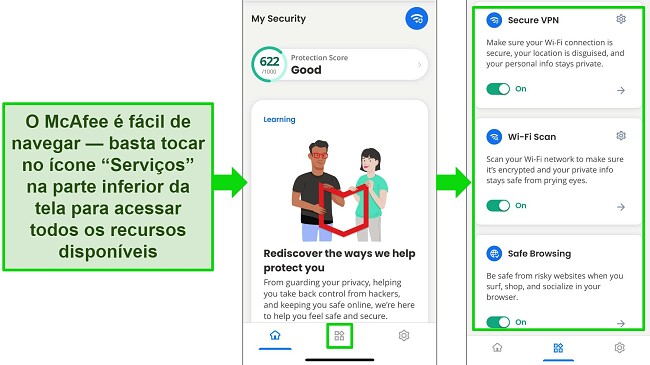 Nesta imagem, vemos o aplicativo McAfee fácil de navegar no iOS