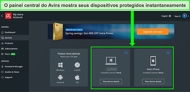 Captura de tela do painel da conta da Avira mostrando dispositivos com o plano gratuito instalado.