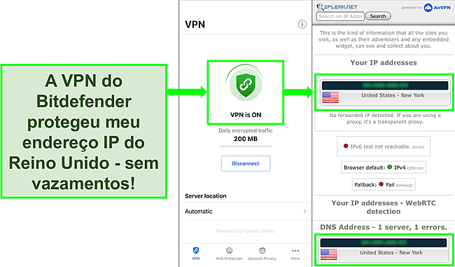 Captura de tela mostrando o recurso VPN iOS do Bitdefender e os resultados de um teste de vazamento de IP que não mostra vazamentos.