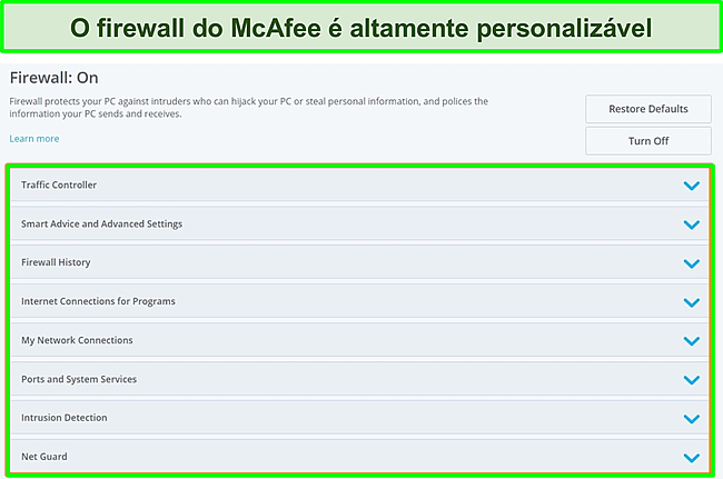 Captura de tela do firewall da McAfee.