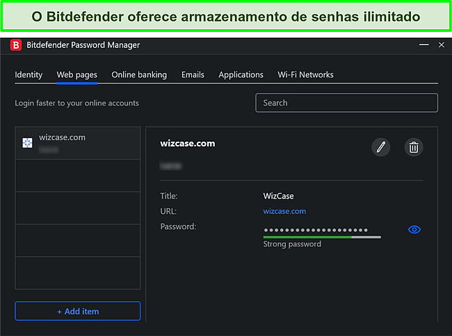 Captura de tela do gerenciador de senhas do Bitdefender.