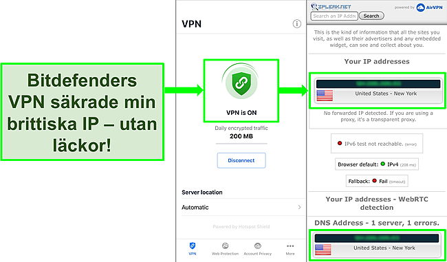 Skärmdump som visar Bitdefenders iOS VPN -funktion och resultaten av ett IP -läckagetest som inte visar några läckor.