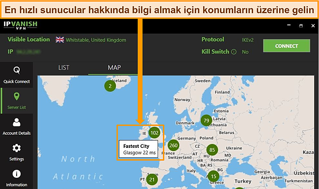 Harita arayüzünde Birleşik Krallık sunucularının vurgulandığı IPVanish uygulamasının ekran görüntüsü