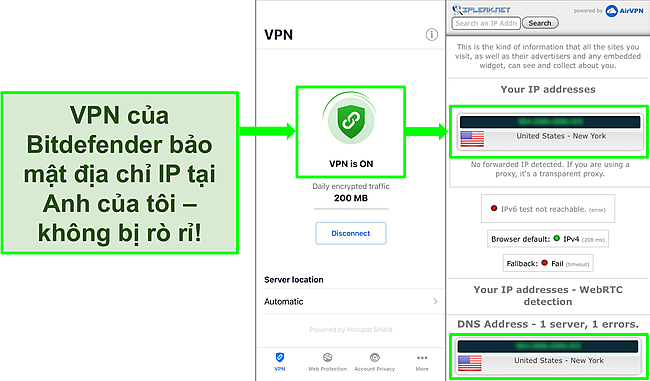 Ảnh chụp màn hình cho thấy tính năng VPN iOS của Bitdefender và kết quả kiểm tra rò rỉ IP cho thấy không có rò rỉ.