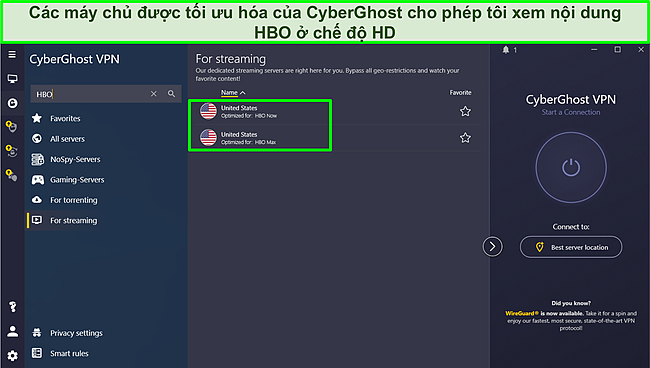 Ảnh chụp màn hình kết nối với máy chủ Cyberghost được tối ưu hóa để phát trực tuyến HBO