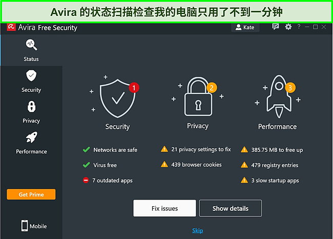 显示状态扫描结果的 Avira 的 Windows 应用程序的屏幕截图。