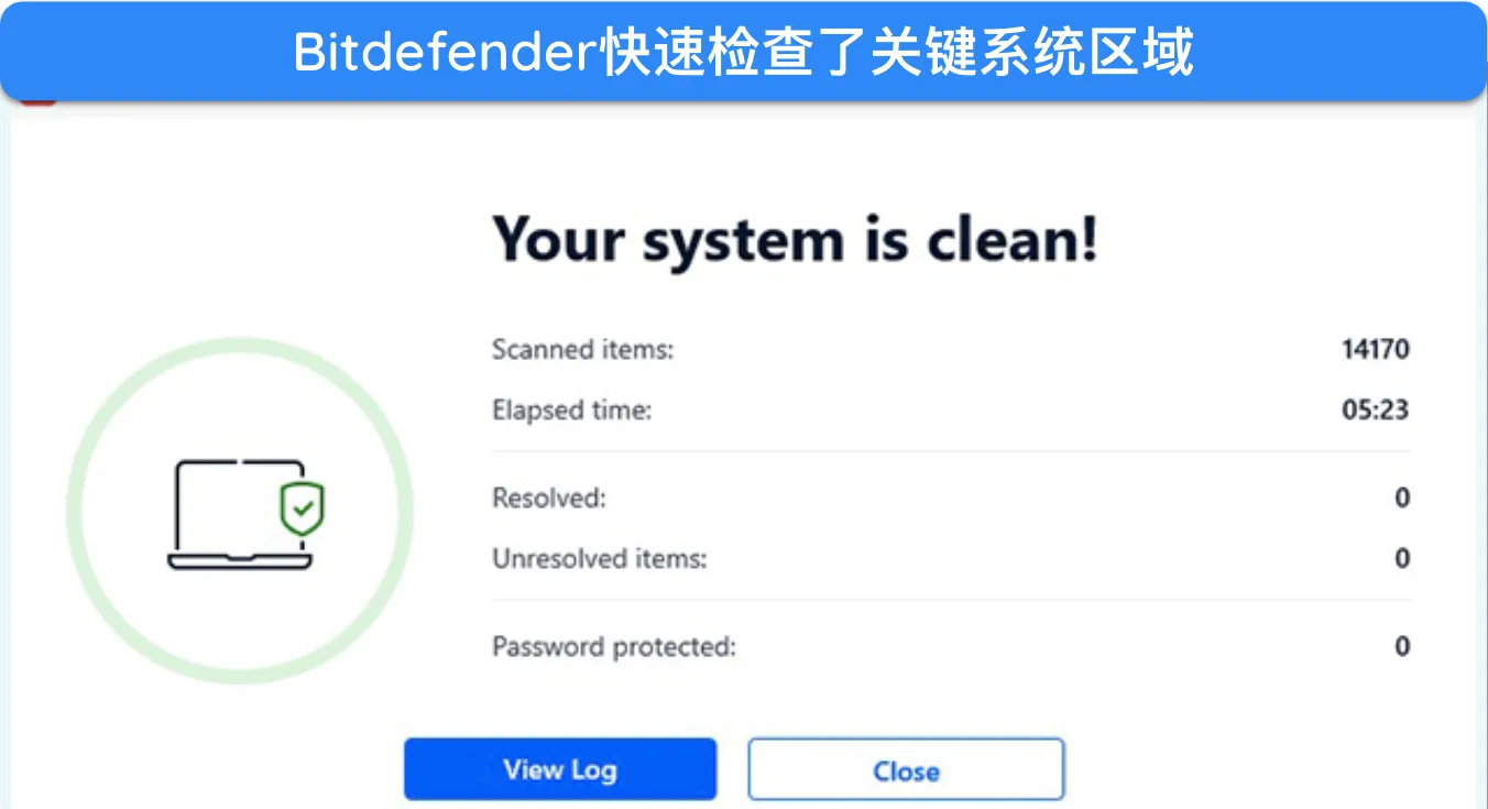 屏幕截图显示了 Bitdefender 快速扫描的结果。