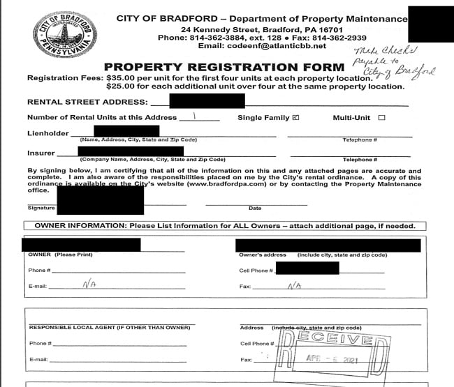 an example of exposed documents: a property registration form