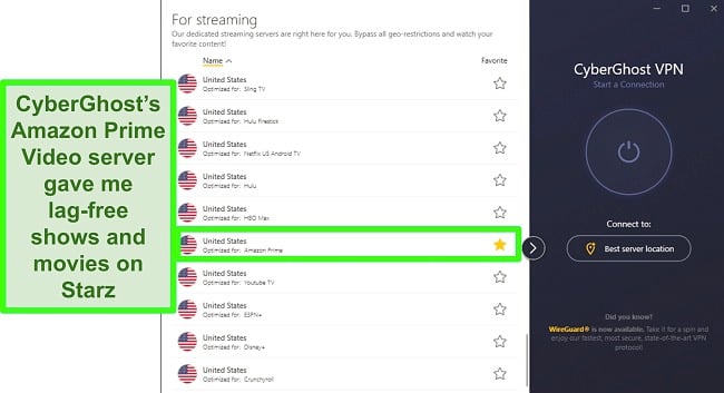 Screenshot of CyberGhost's streaming server menu showing an option optimized for Amazon Prime Video