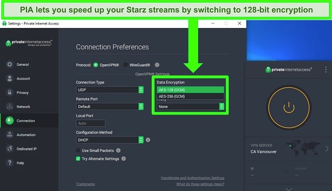 Screenshot of PIA's user interface in Windows showing the Connection tab of the settings menu