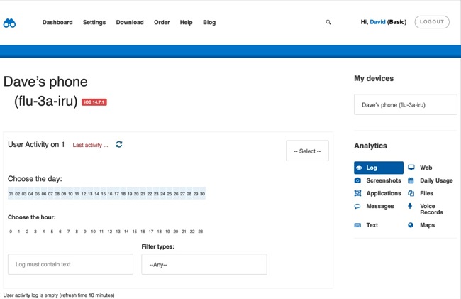 Kidlogger's limited log dashboard on iPhone