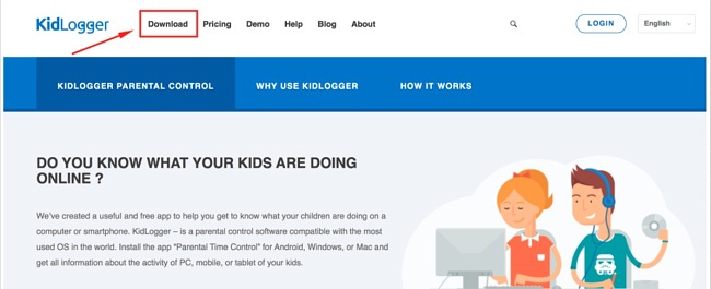 Look out for the app download button on Kidlogger's website