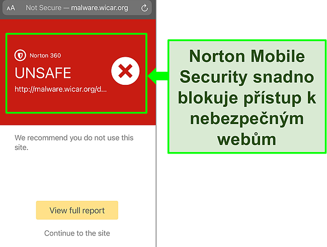 Snímek obrazovky aplikace Norton Mobile Security pro iOS, která blokuje přístup na škodlivý testovací web.