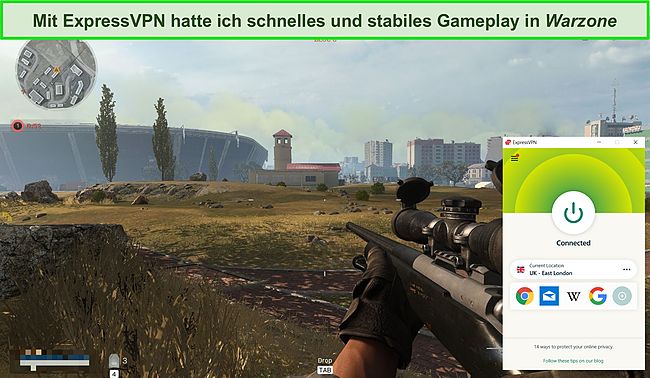 Screenshot des Call of Duty: Warzone-Spiels mit einer ExpressVPN-Verbindung.
