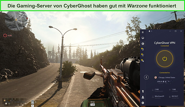 Screenshot von Call of Duty: Warzone mit einer CyberGhost-Verbindung.