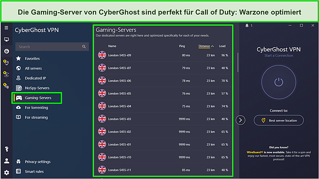 Screenshot der Liste der Spieleserver von CyberGhost.